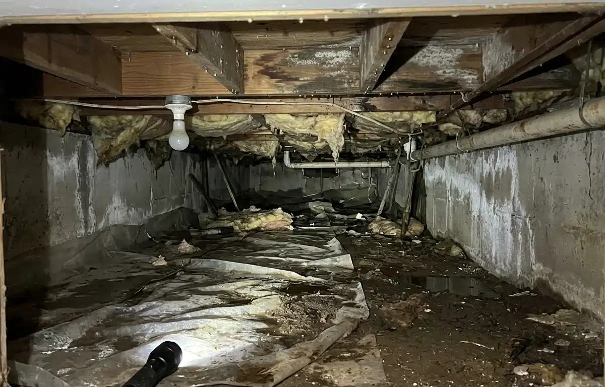crawl-space-moisture-img-1 Dark basement crawlspace with exposed wooden joists, a hanging light bulb, damp insulation, and debris on the wet floor.