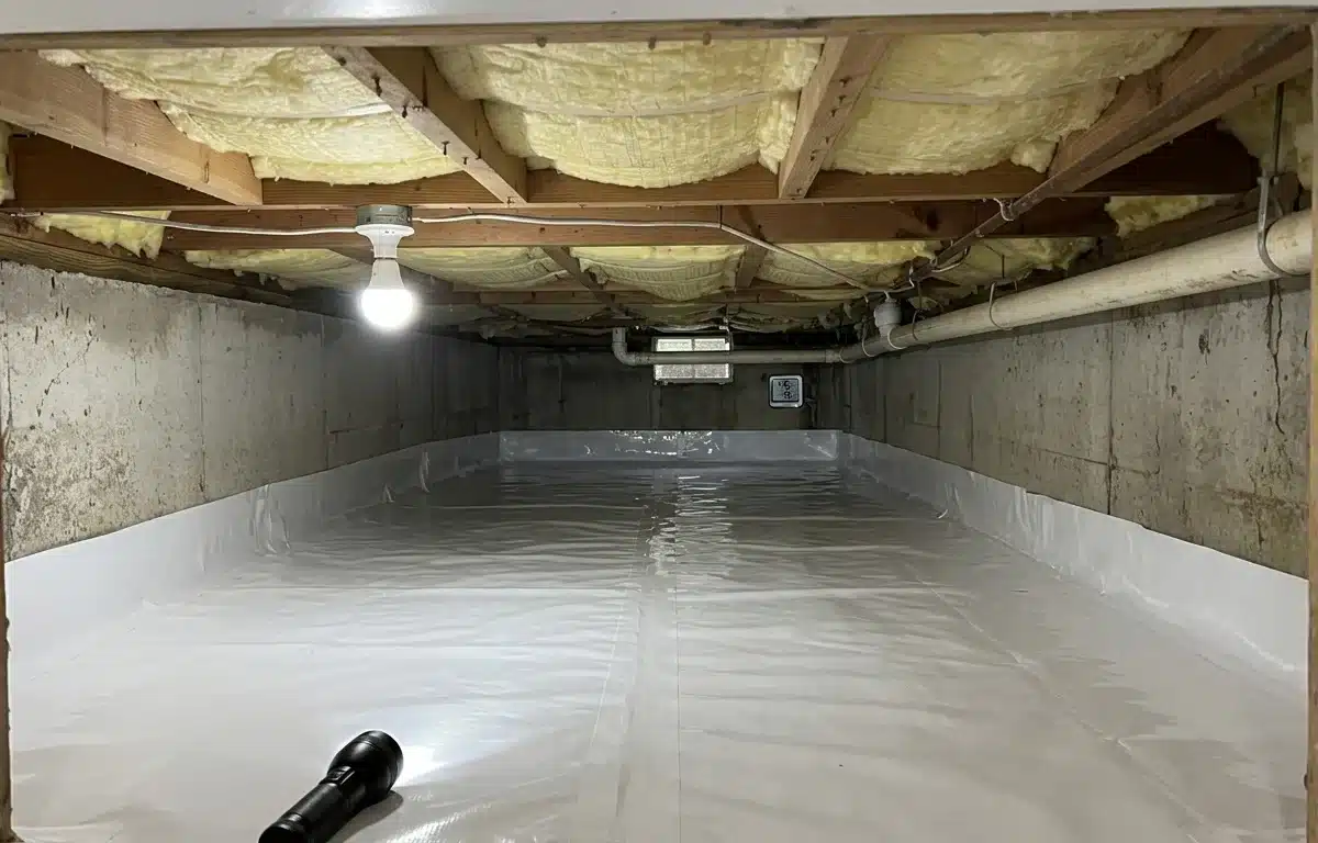 crawl-space-moisture-img-2 Basement with plastic floor liner, exposed joists and insulation, and a bare lightbulb overhead, likely under renovation or waterproofing.