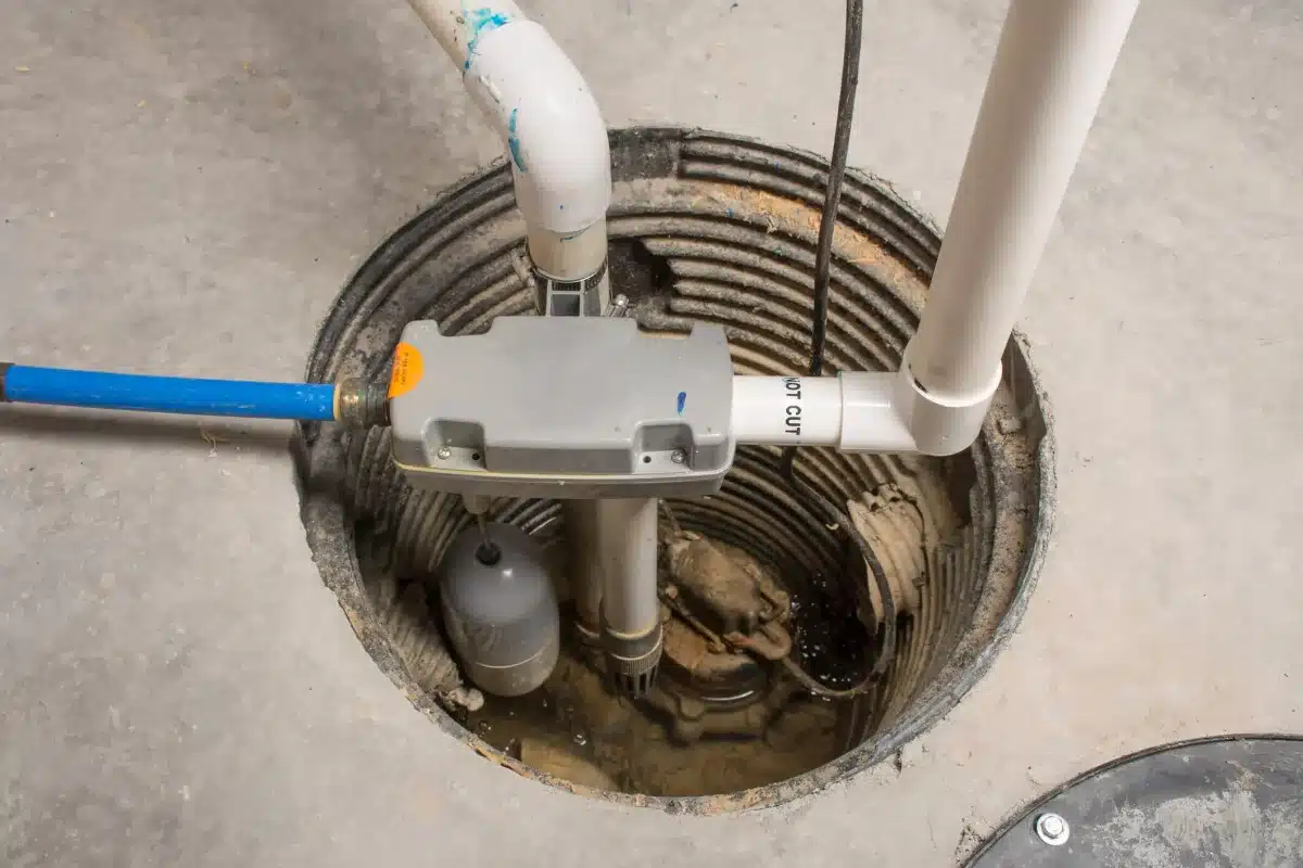 sump-pump-img-1 Sump pump assembly in a circular subfloor pit with PVC pipes and a gray control box, partially submerged in water and debris.
