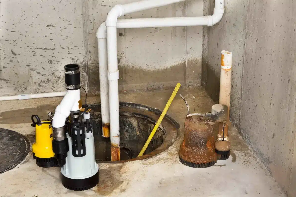 sump-pump-img-2 Basement sump-pump setup with a yellow submersible pump, PVC pipes, and a rusty old pump near a circular sump pit.